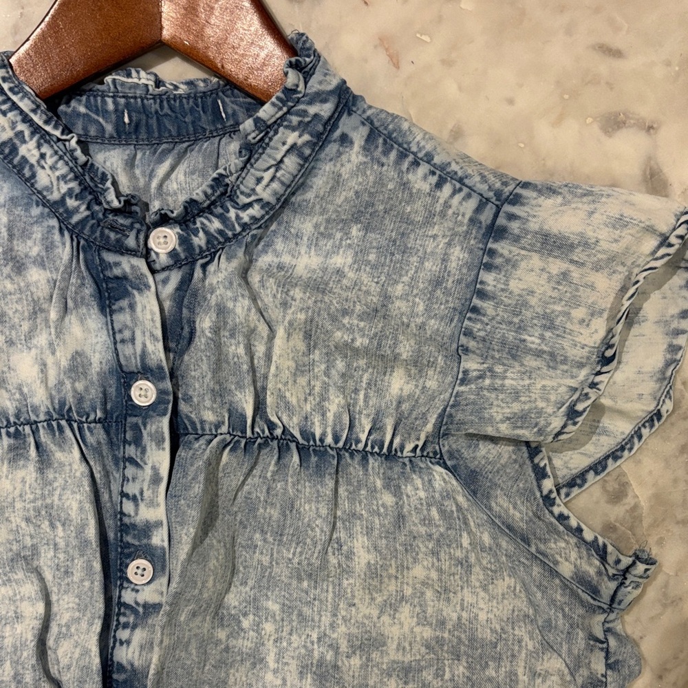 Denim Cap Sleeved Button-Up Top